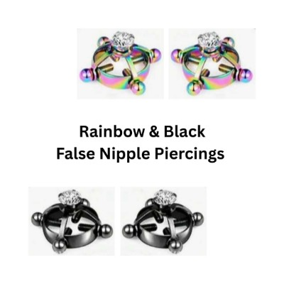 Rainbow & Black Nipple Piercings with Diamonds