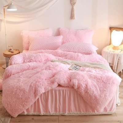 Fluffy Pink Comforter Cover Queen Set, Soft Furry Shaggy Pink Bedding Queen Set 3 Pieces