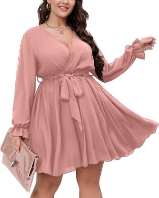 SCOMCHIC Women's Plus Size Long Sleeve Wrap V Neck Tie Waist