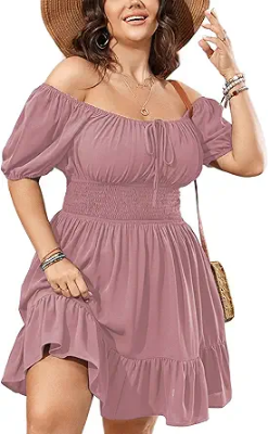 SCOMCHIC Womens Plus Size Mini Dress Square Neck Puff Short Sleeve Casual Summer A Line Boho Cute Spring Short Dresses