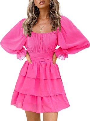 OBBUE Women's Summer Dress Tie Back Square Neck Aline Long Sleeve Layered Swing Mini Dresses